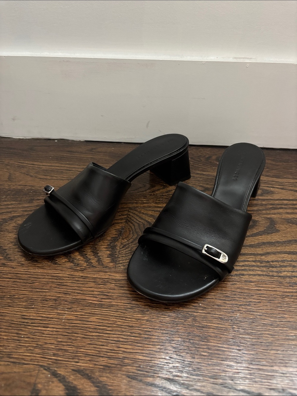 Dear Frances Black Leather Slide Mules with Silver Buckle